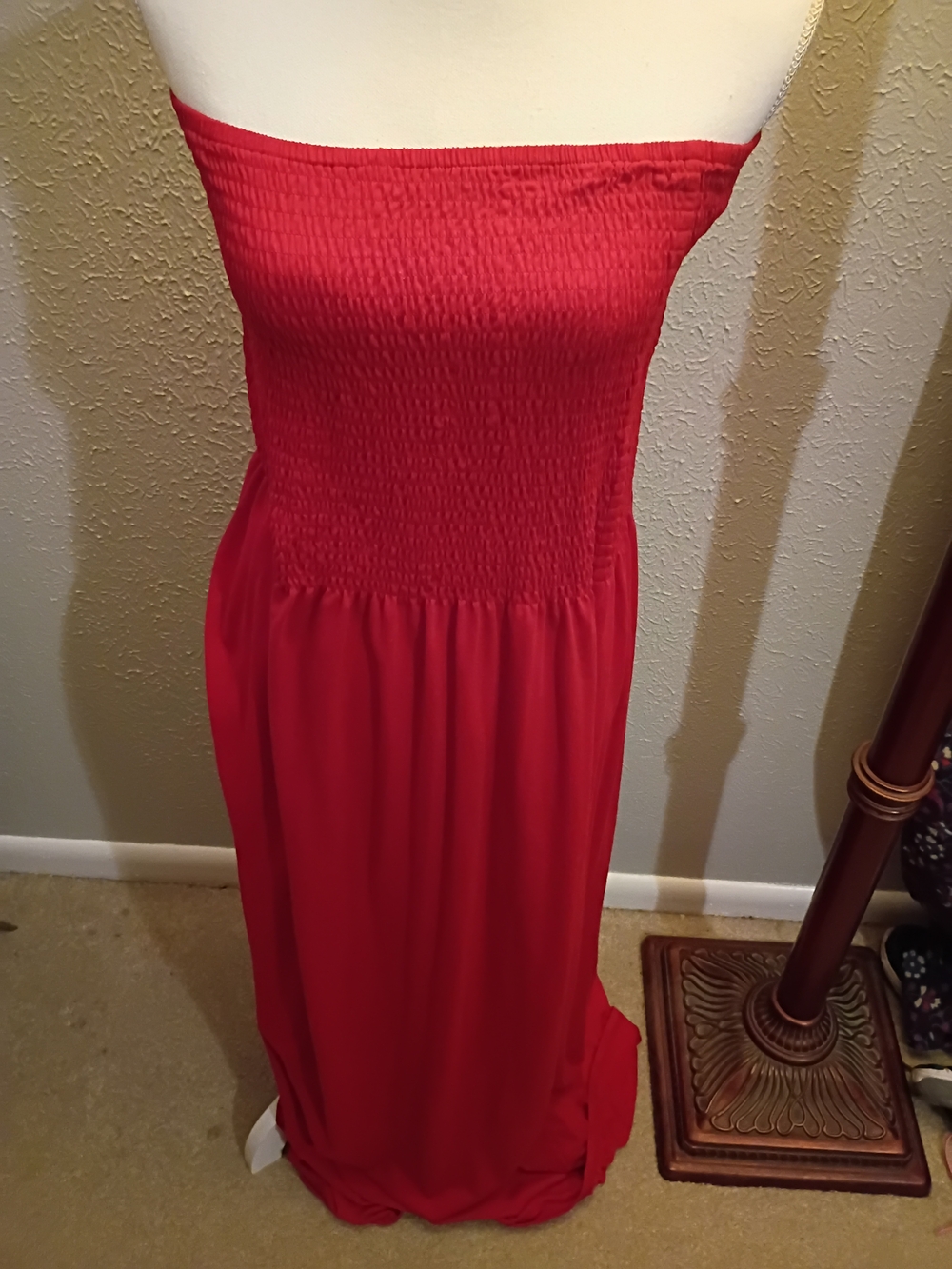 Strapless Red Smocked Maxi Dress